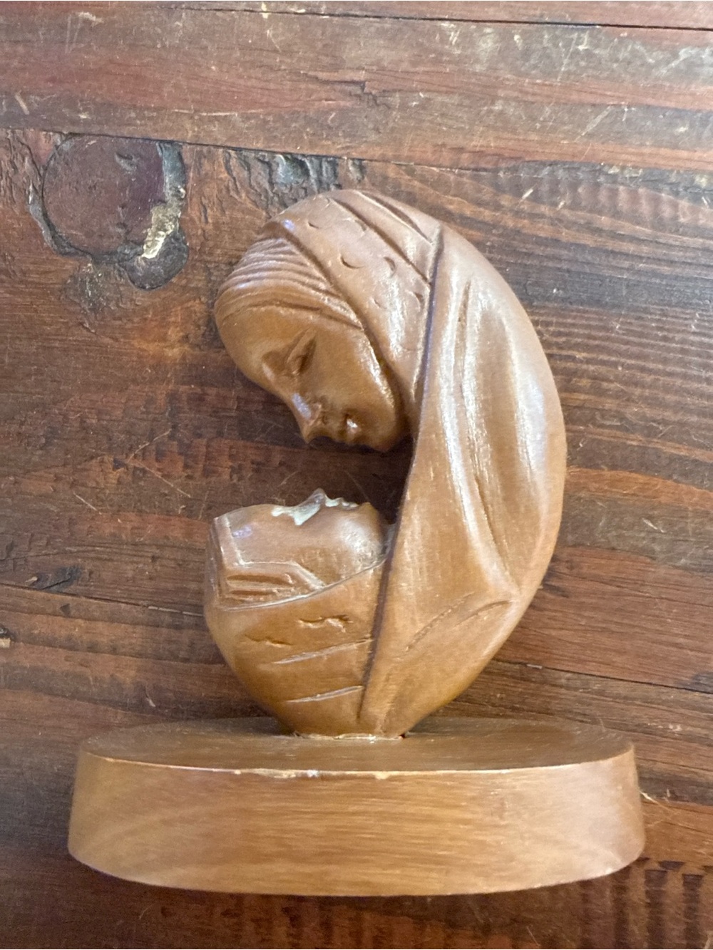 Vintage Hand Carved Wood Madonna & Child Sculpture Religious Folk Art Figure